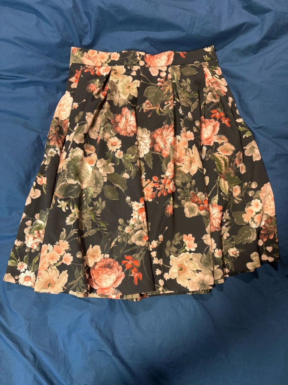 Tristan Black Floral Pleated Skater Skirt with Peach & Olive
